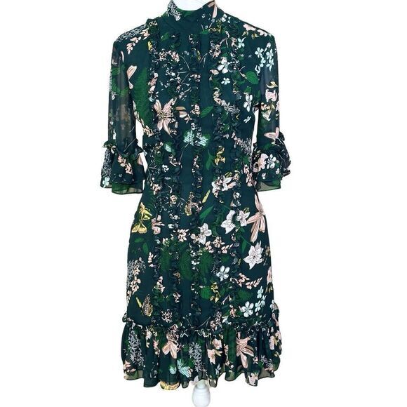 Isabel Garcia womens dress Size XS green floral ruffled fully lined with pockets - Picture 1 of 17